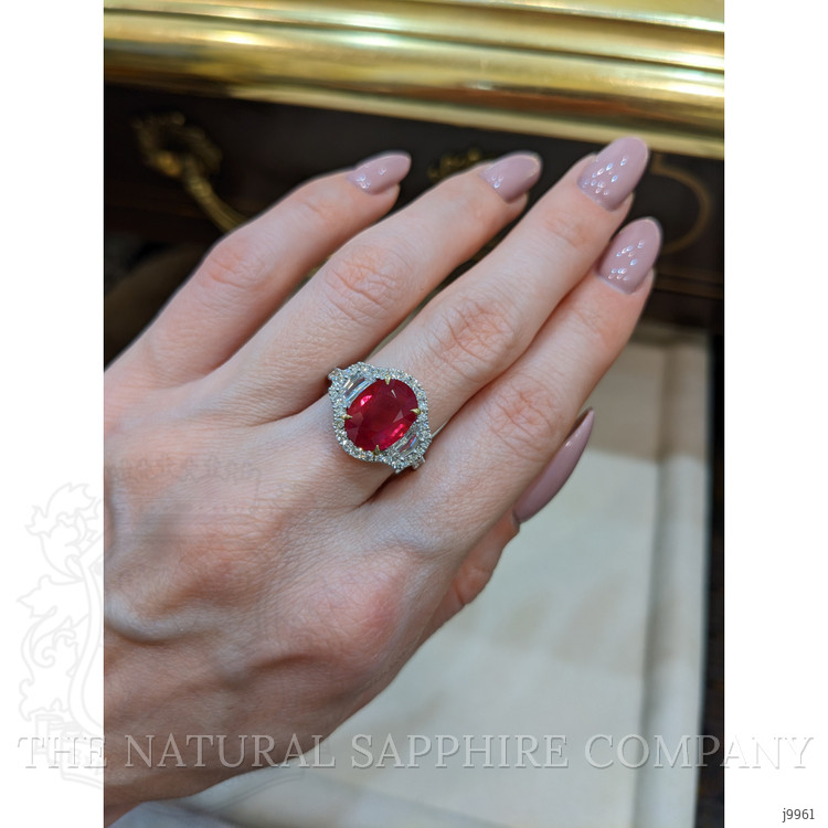 3.98 Ct. Ruby and Natural Diamond Three Stone Ring, 18K White & Yellow