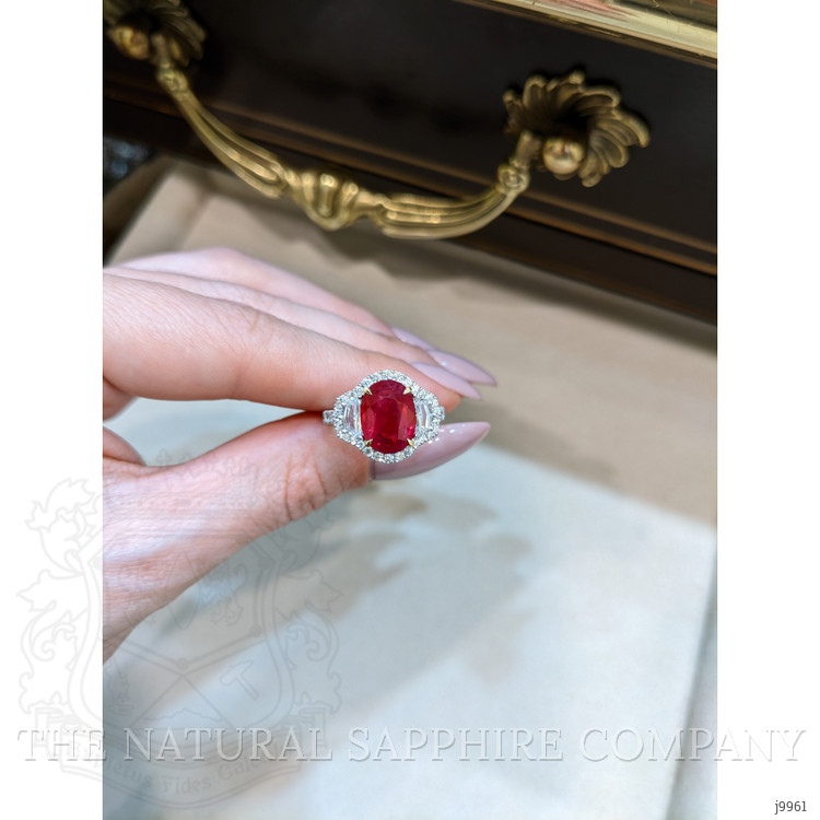 3.98 Ct. Ruby and Natural Diamond Three Stone Ring, 18K White & Yellow