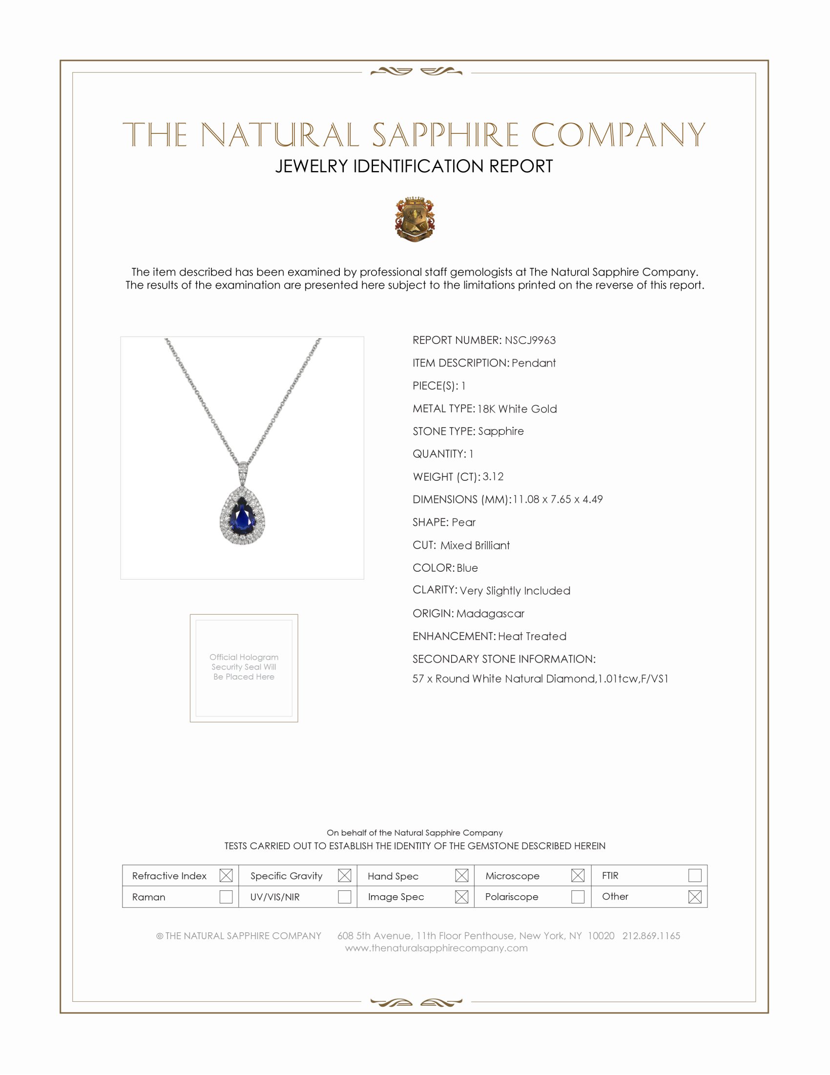 3.12 Ct. Blue Sapphire and Natural Diamond Pave Pendant, 18K White Gold