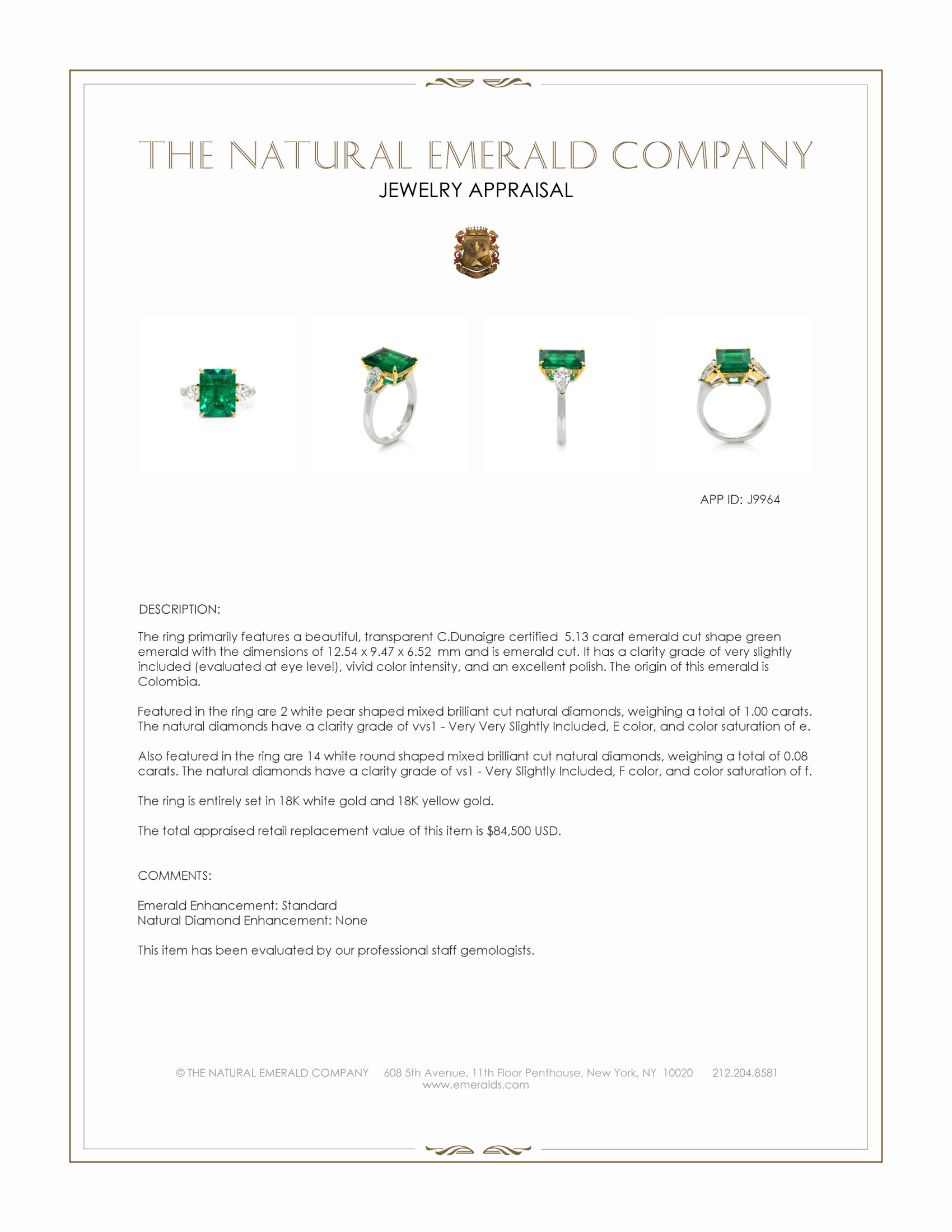 5.13 Ct. Emerald and Natural Diamond Three Stone Ring, 18K White & Yellow