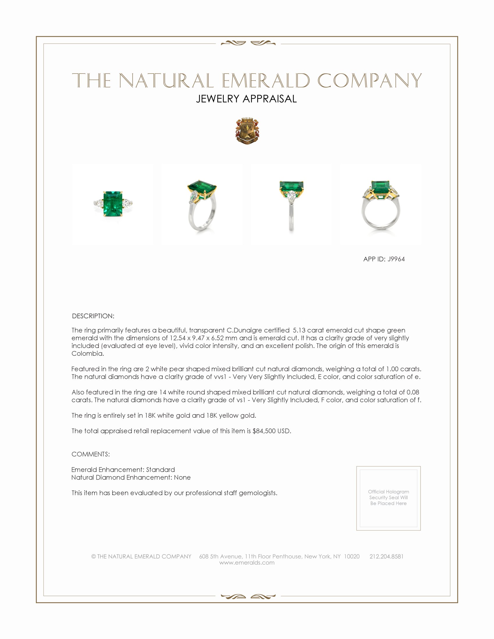 5.13 Ct. Emerald Natural Diamond Three Stone Ring, 18K White & Yellow