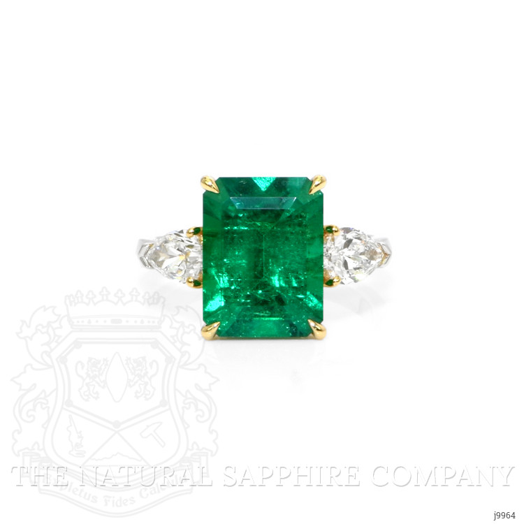 5.13 Ct. Emerald Natural Diamond Three Stone Ring, 18K White & Yellow