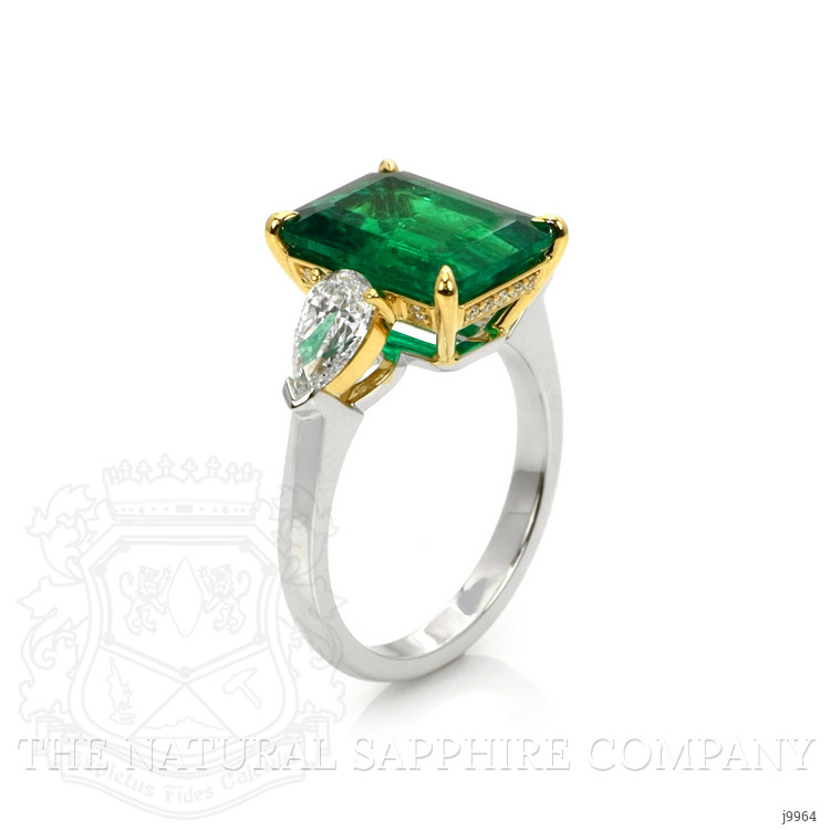 5.13 Ct. Emerald Natural Diamond Three Stone Ring, 18K White & Yellow