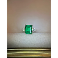 5.13 Ct. Emerald Natural Diamond Three Stone Ring, 18K White & Yellow Life Style
