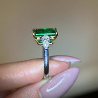5.13 Ct. Emerald Natural Diamond Three Stone Ring, 18K White & Yellow Life Style