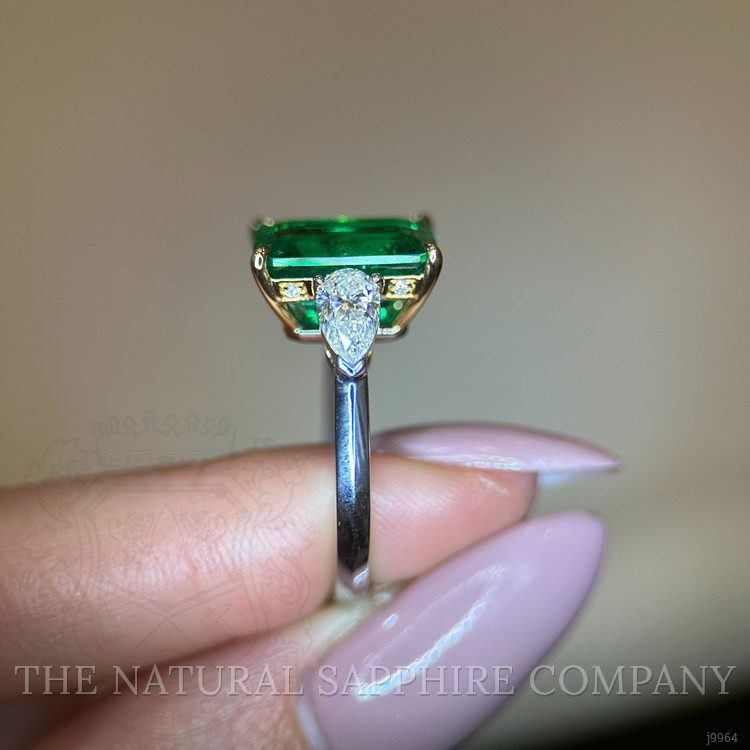 5.13 Ct. Emerald Natural Diamond Three Stone Ring, 18K White & Yellow