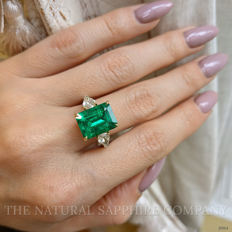 5.13 Ct. Emerald Natural Diamond Three Stone Ring, 18K White & Yellow