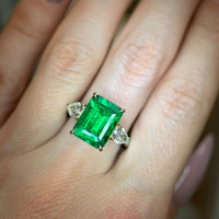 5.13 Ct. Emerald Natural Diamond Three Stone Ring, 18K White & Yellow Life Style