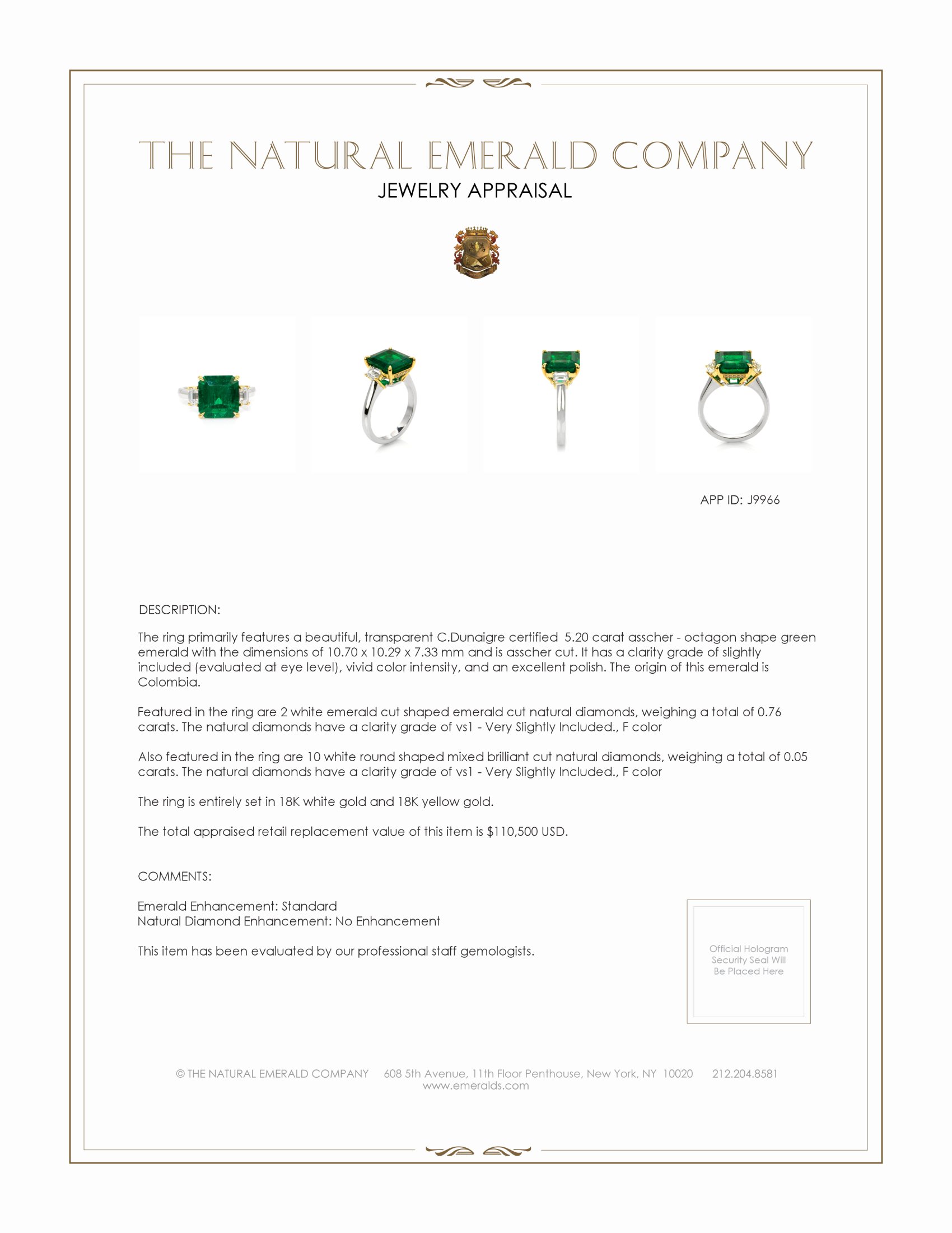 5.20 Ct. Emerald and Natural Diamond Three Stone Ring, 18K White & Yellow