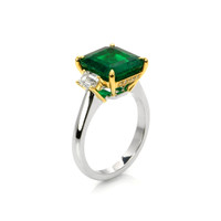 5.20 Ct. Emerald Natural Diamond Three Stone Ring, 18K White & Yellow Image