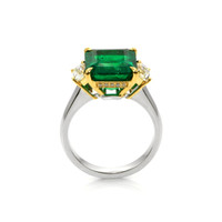 5.20 Ct. Emerald Natural Diamond Three Stone Ring, 18K White & Yellow Image