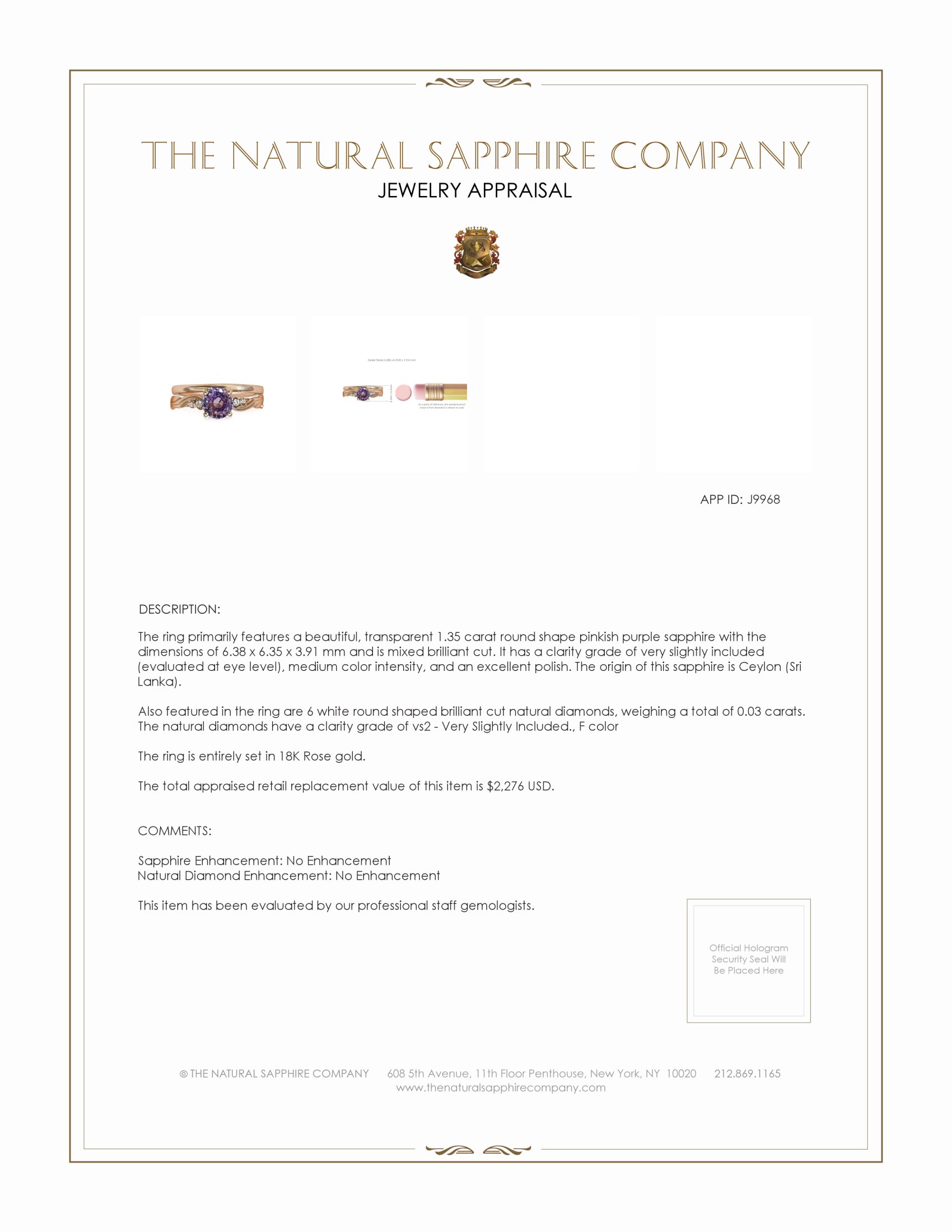 1.35 Ct. Pinkish Purple Sapphire and Natural Diamond Accent Stones Ring, 18K Rose Gold