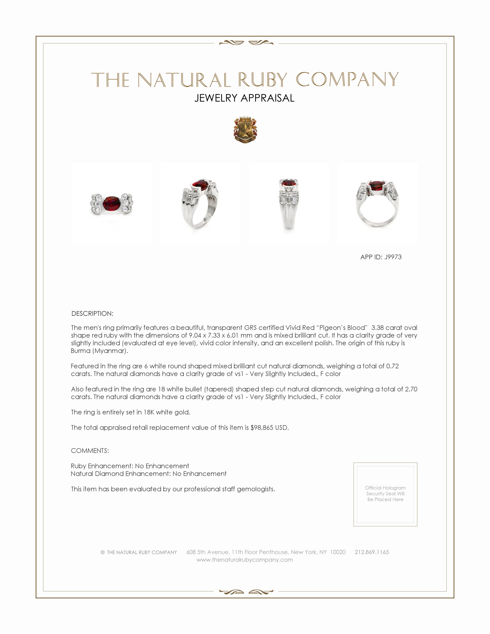 3.38 Ct. Ruby and Natural Diamond Men's Ring, 18K White Gold