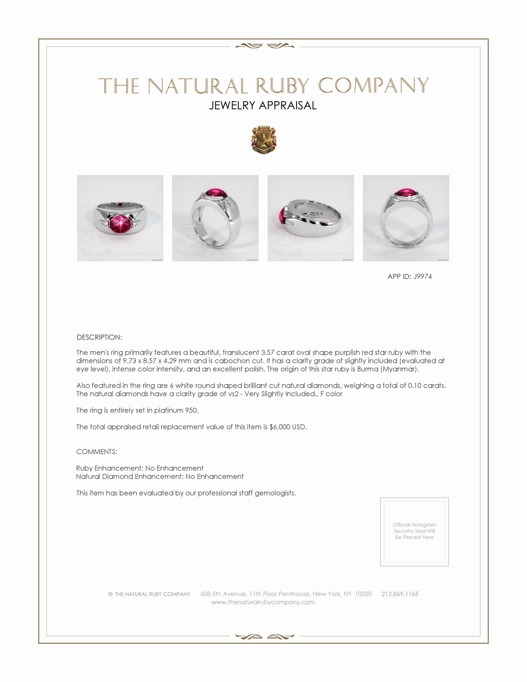 3.57 Ct. Purplish Red Ruby and Natural Diamond Men's Ring, Platinum 950