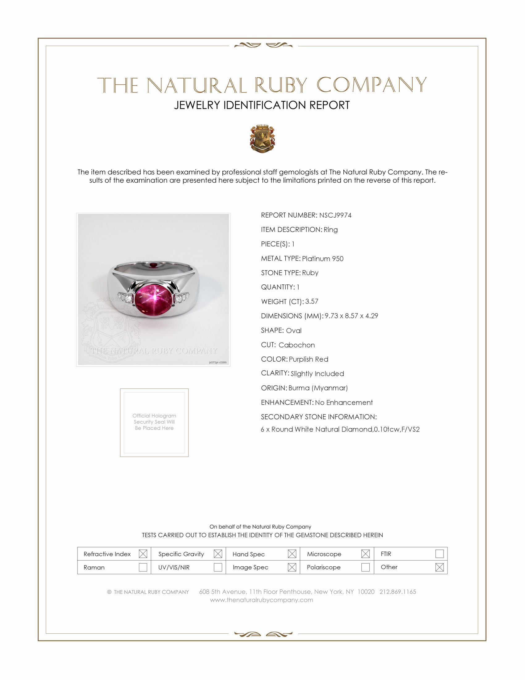 3.57 Ct. Purplish Red Ruby and Natural Diamond Men's Ring, Platinum 950