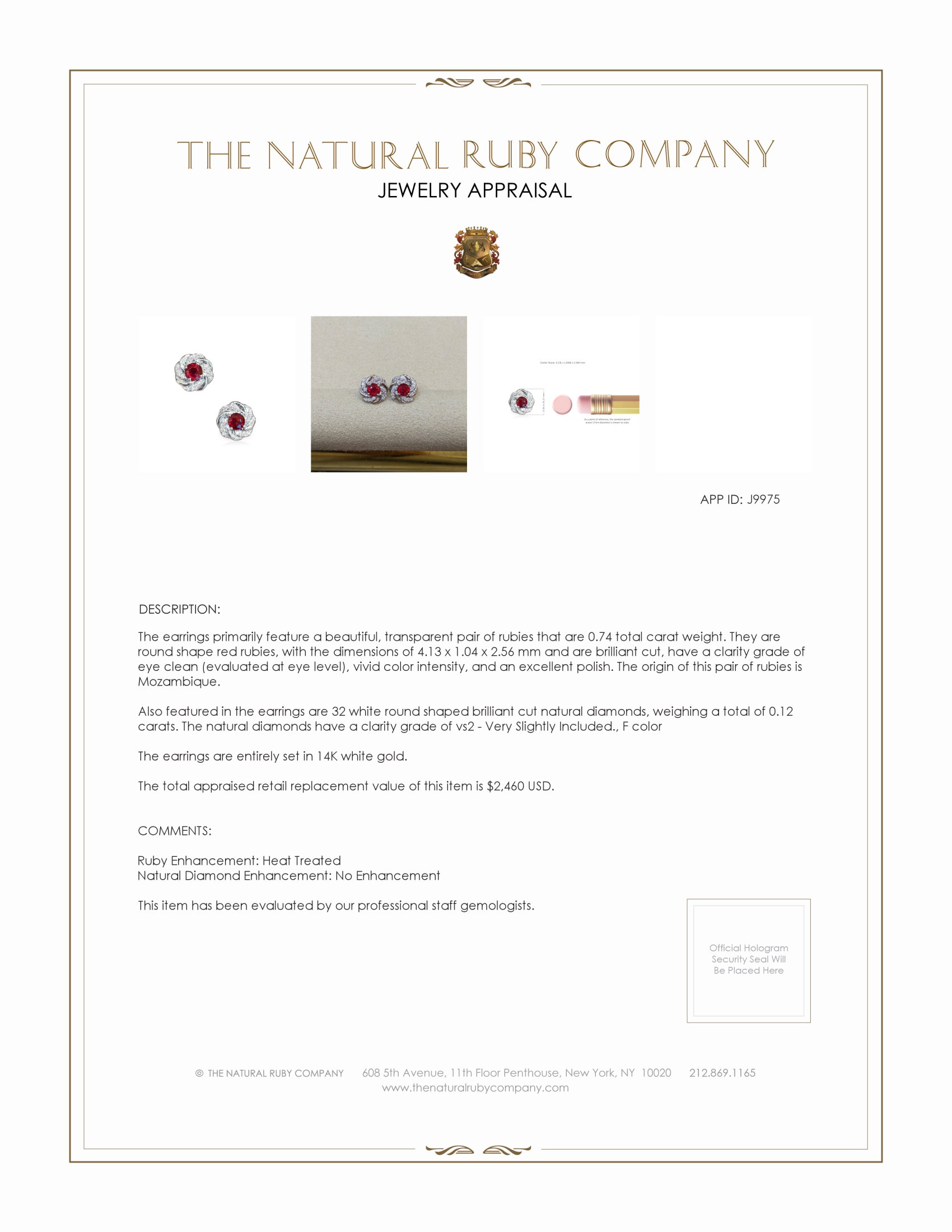 0.74 Ct.Tw. Ruby Natural Diamond Pave Earrings, 14K White Gold
