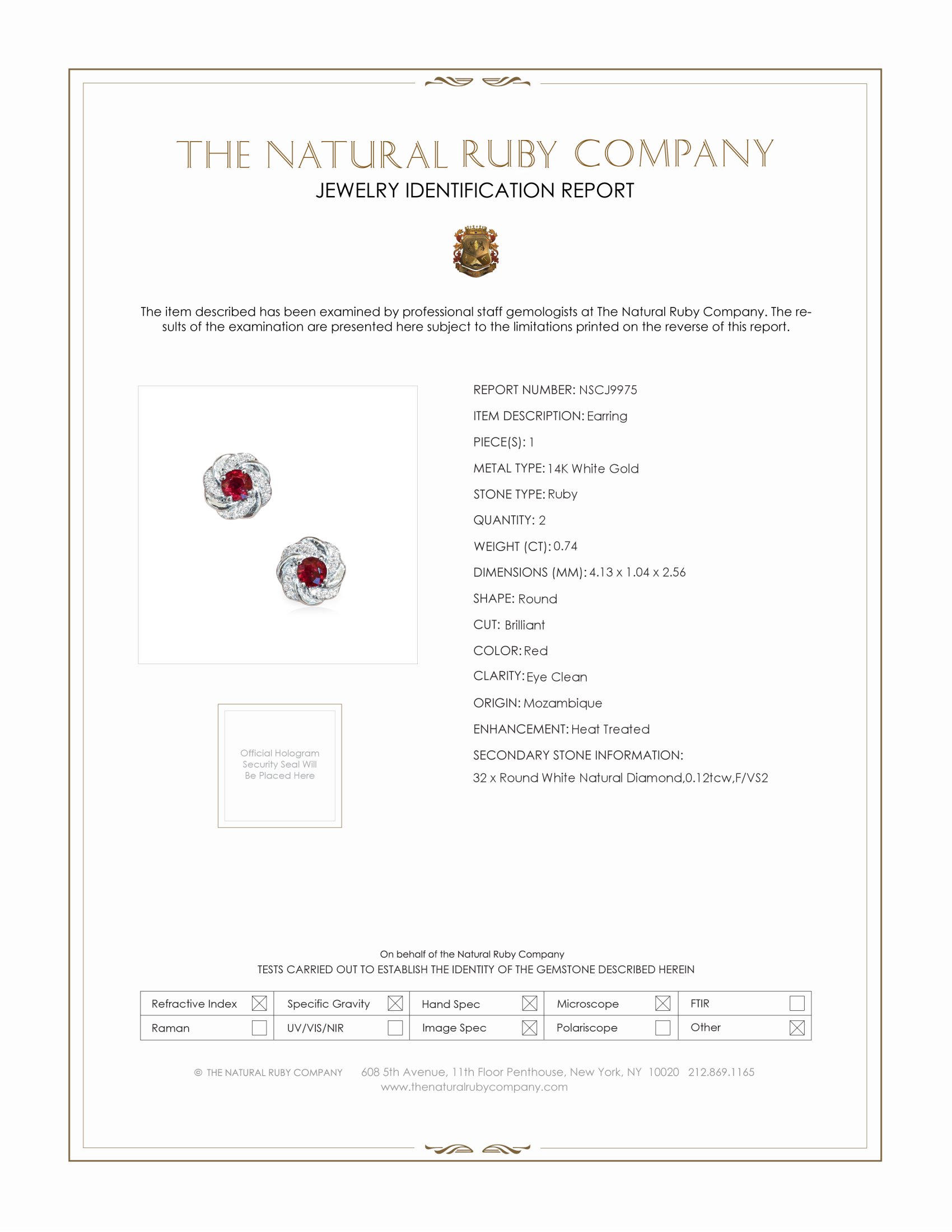 0.74 Ct.Tw. Ruby Natural Diamond Pave Earrings, 14K White Gold