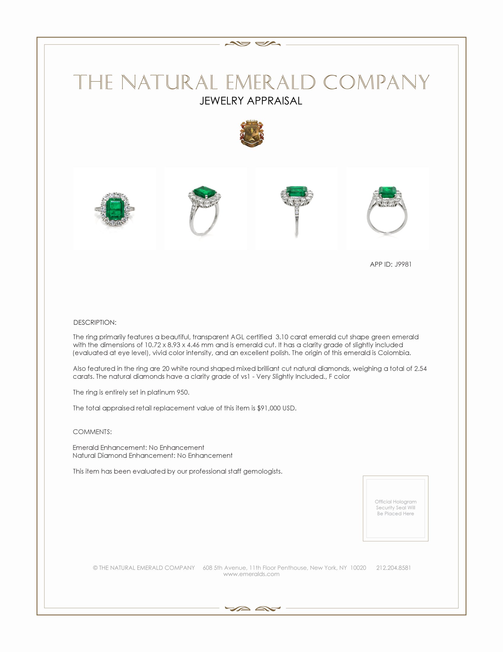 3.10 Ct. Emerald and Natural Diamond Pave Ring, Platinum 950