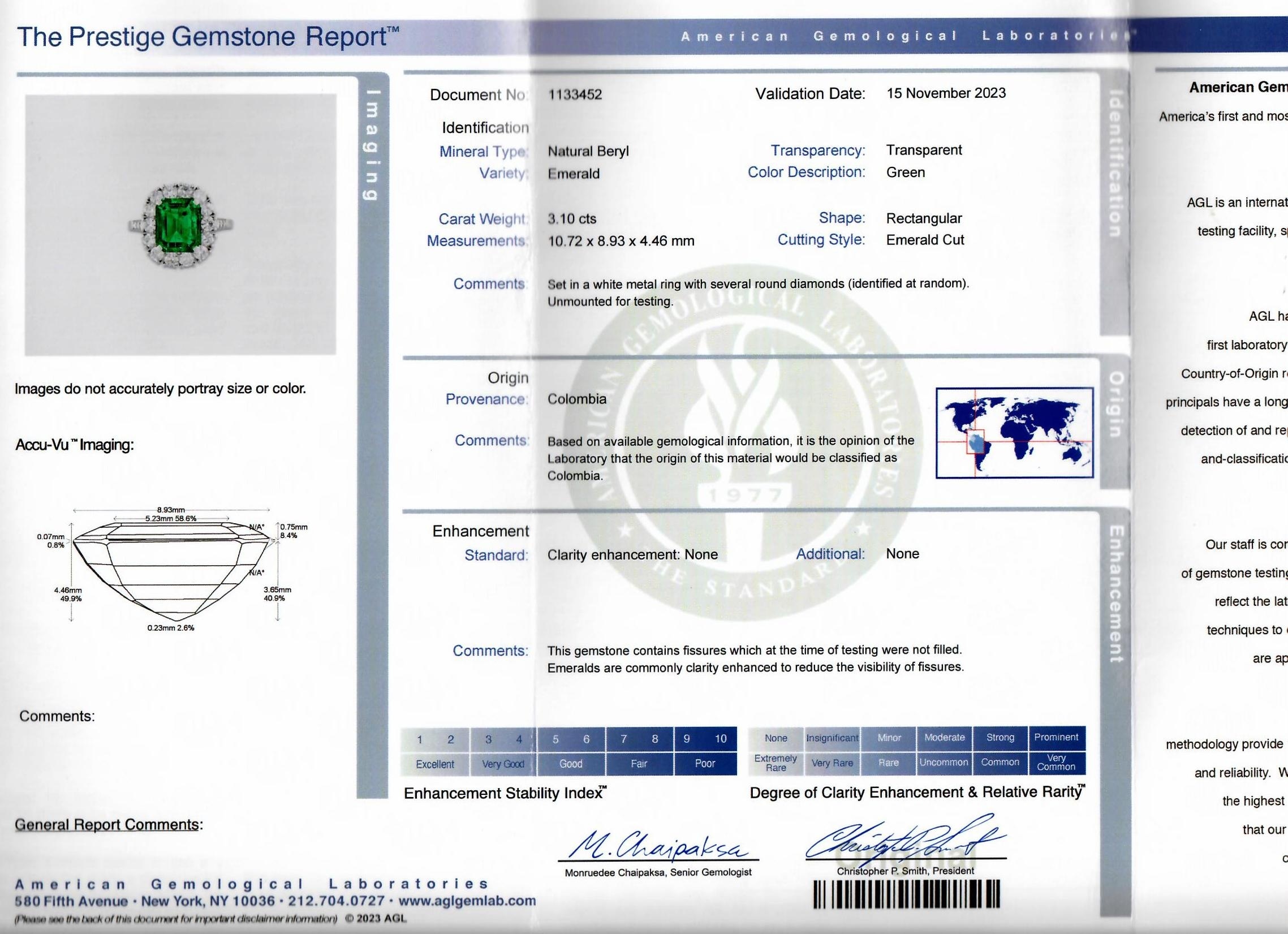 3.10 Ct. Emerald and Natural Diamond Pave Ring, Platinum 950