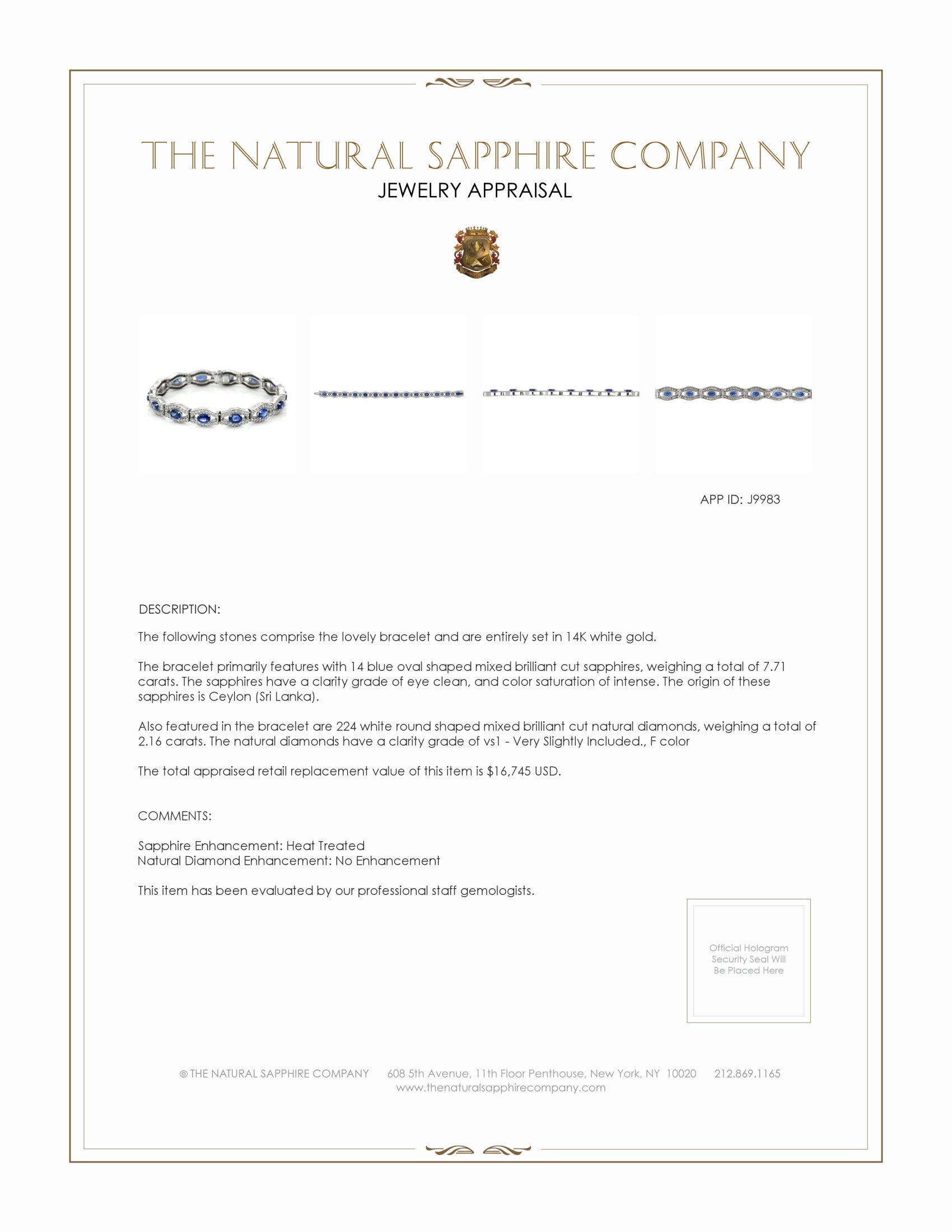7.71 Ct.Tw. Blue Sapphire and Natural Diamond Pave Bracelet, 14K White Gold