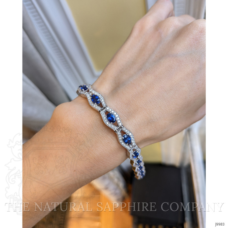 7.71 Ct.Tw. Blue Sapphire and Natural Diamond Pave Bracelet, 14K White Gold