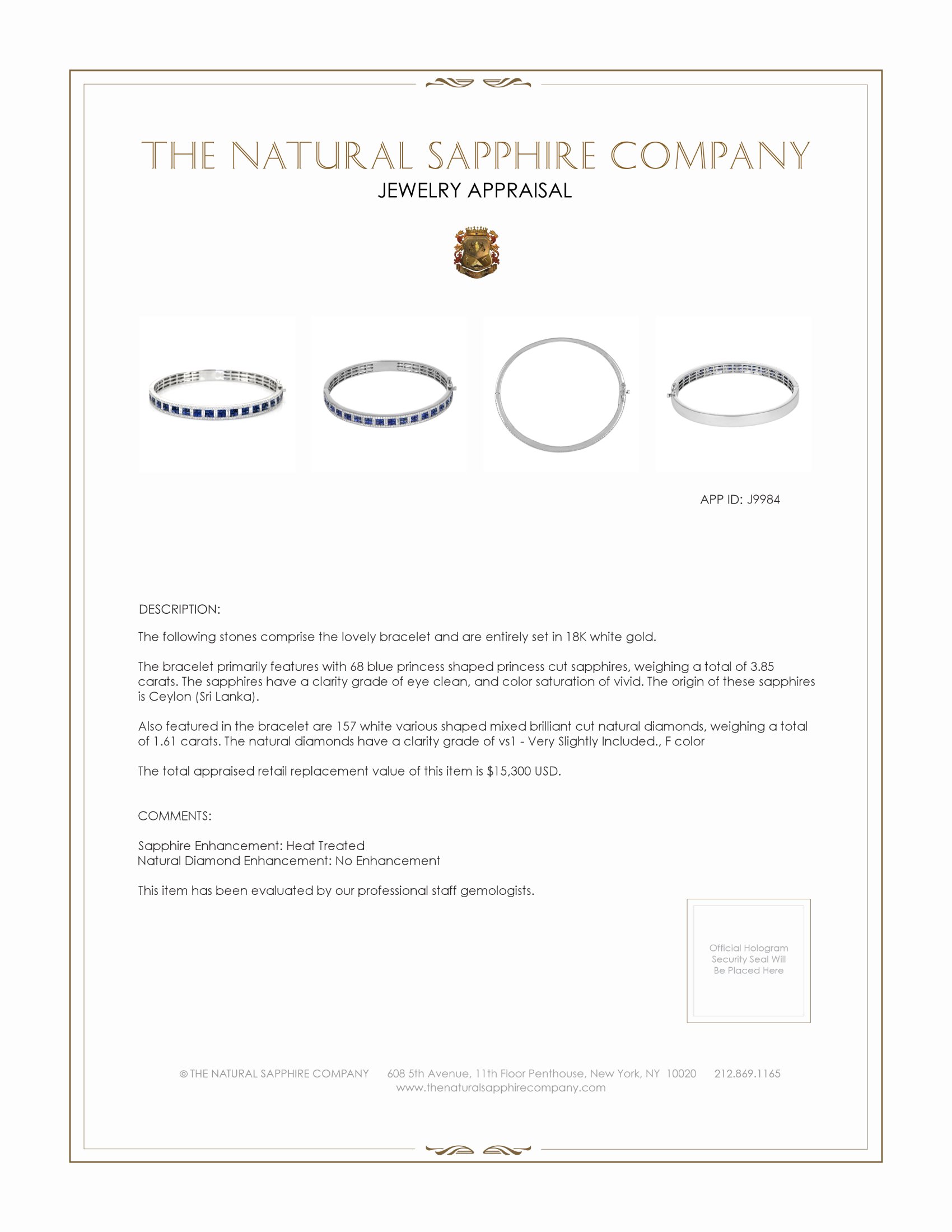 3.85 Ct.Tw. Blue Sapphire and Natural Diamond Pave Bracelet, 18K White Gold