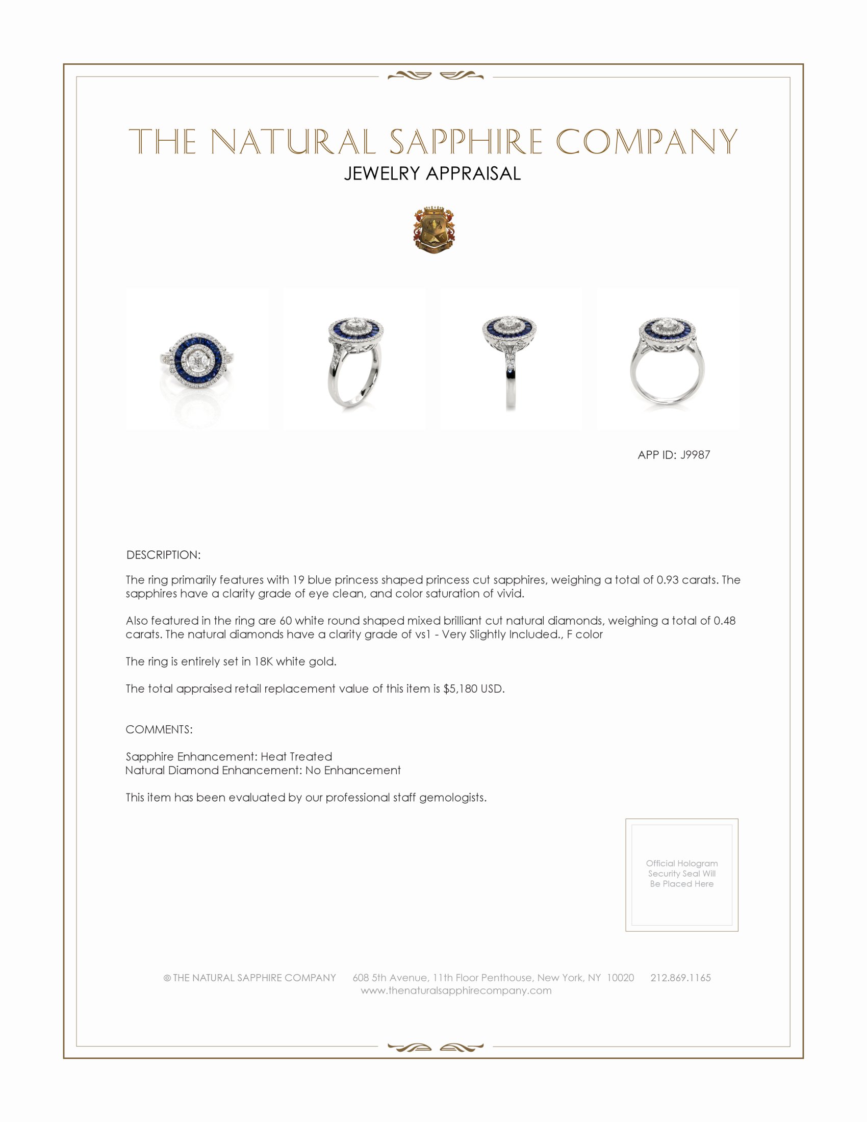 0.93 Ct. Blue Sapphire and Natural Diamond Pave Ring, 18K White Gold