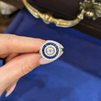 0.93 Ct. Blue Sapphire and Natural Diamond Pave Ring, 18K White Gold Life Style