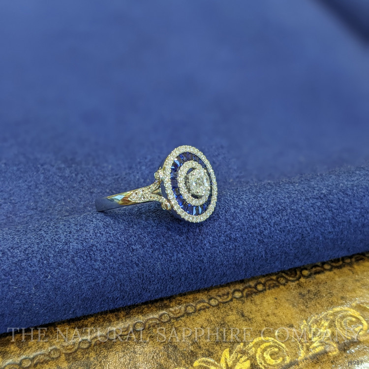 0.93 Ct. Blue Sapphire and Natural Diamond Pave Ring, 18K White Gold