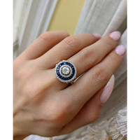 0.93 Ct. Blue Sapphire and Natural Diamond Pave Ring, 18K White Gold Life Style