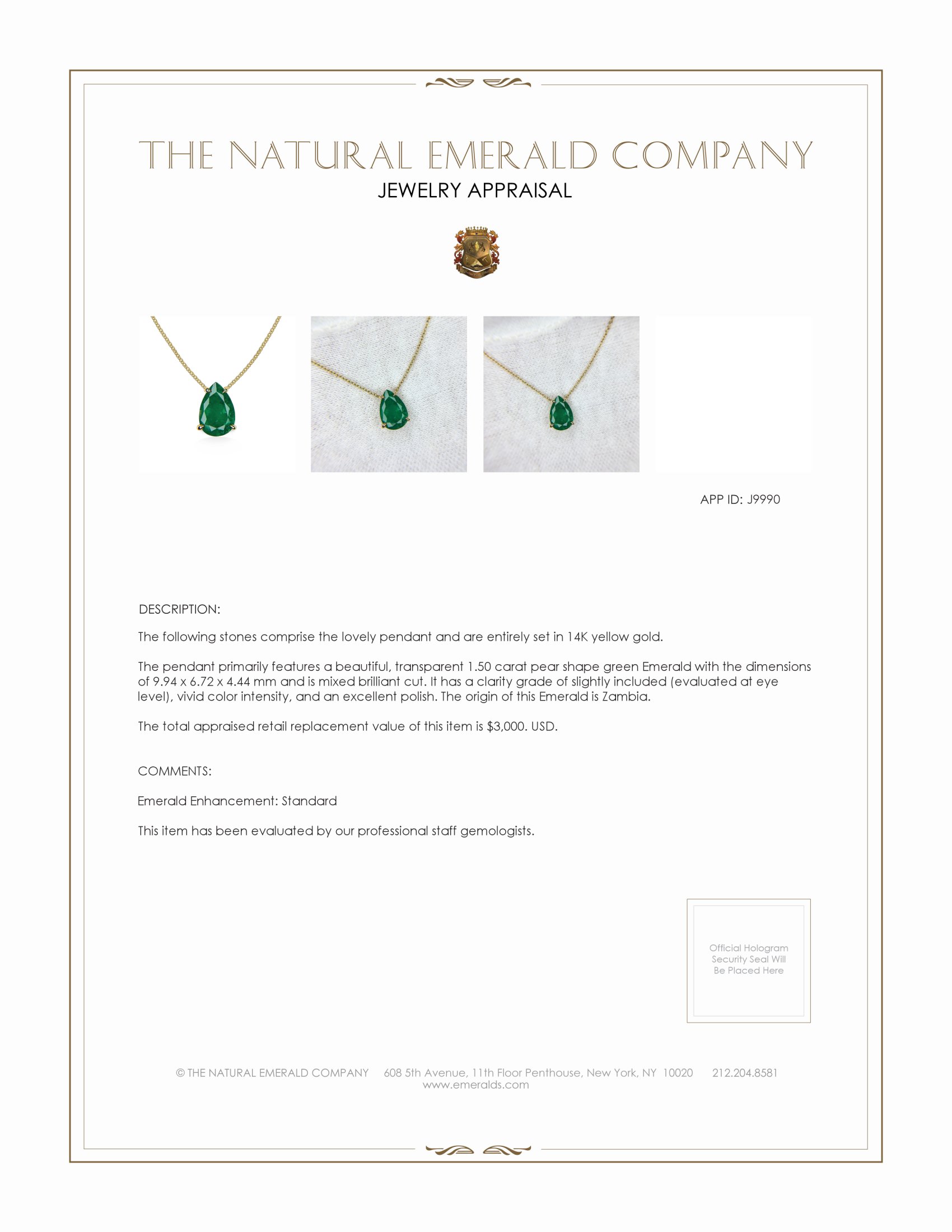 1.50 Ct. Emerald Halo Pendant, 14K Yellow Gold