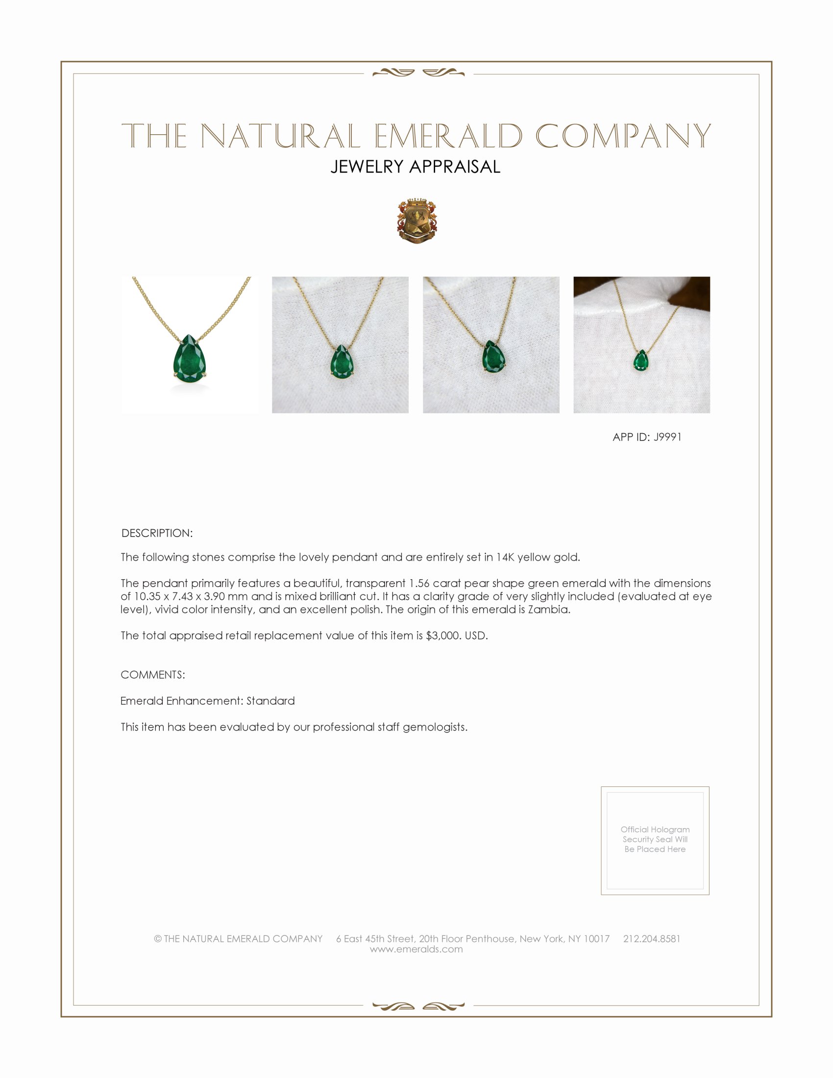 1.56 Ct. Emerald Halo Pendant, 14K Yellow Gold