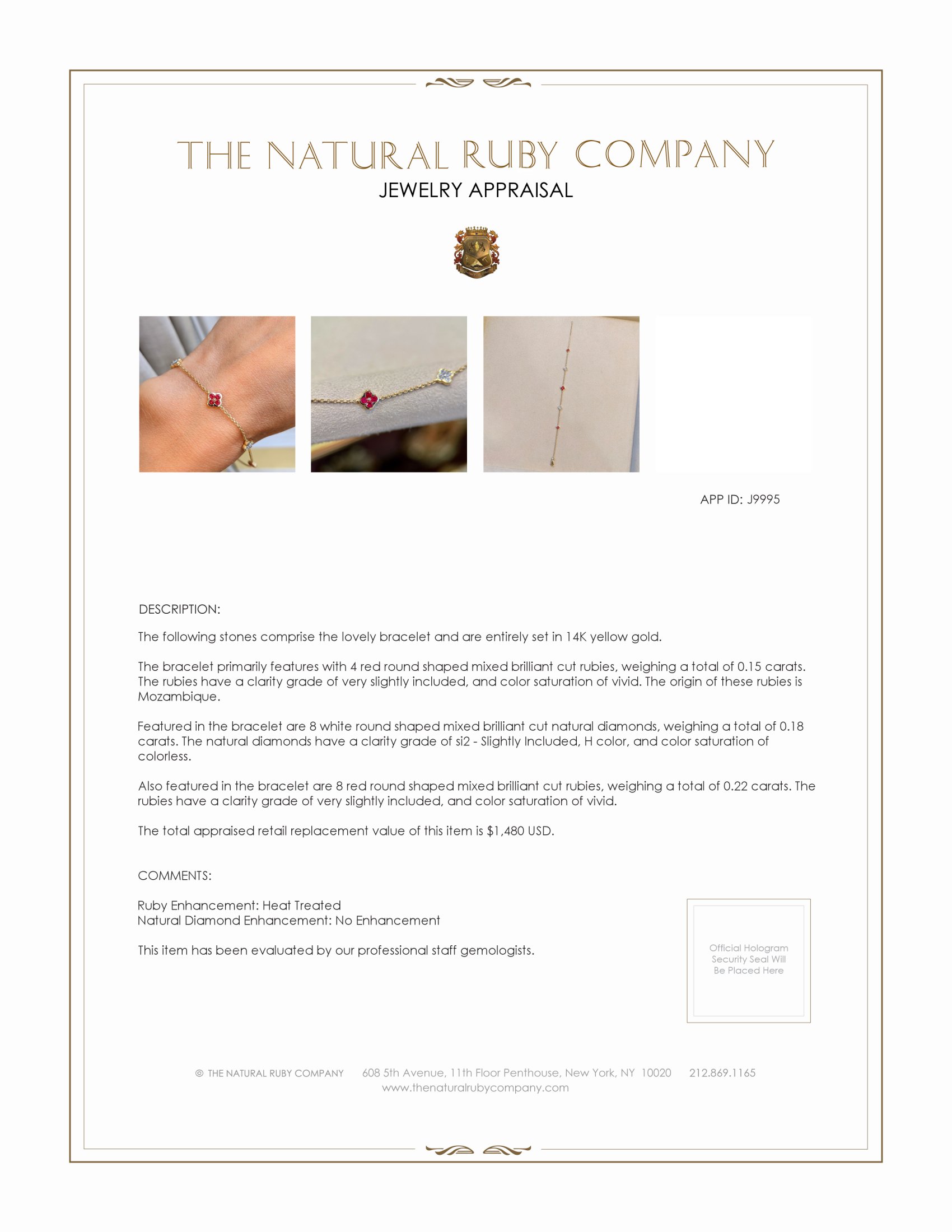 0.15 Ct.Tw. Ruby and Natural Diamond Accent Stones Bracelet, 14K Yellow Gold