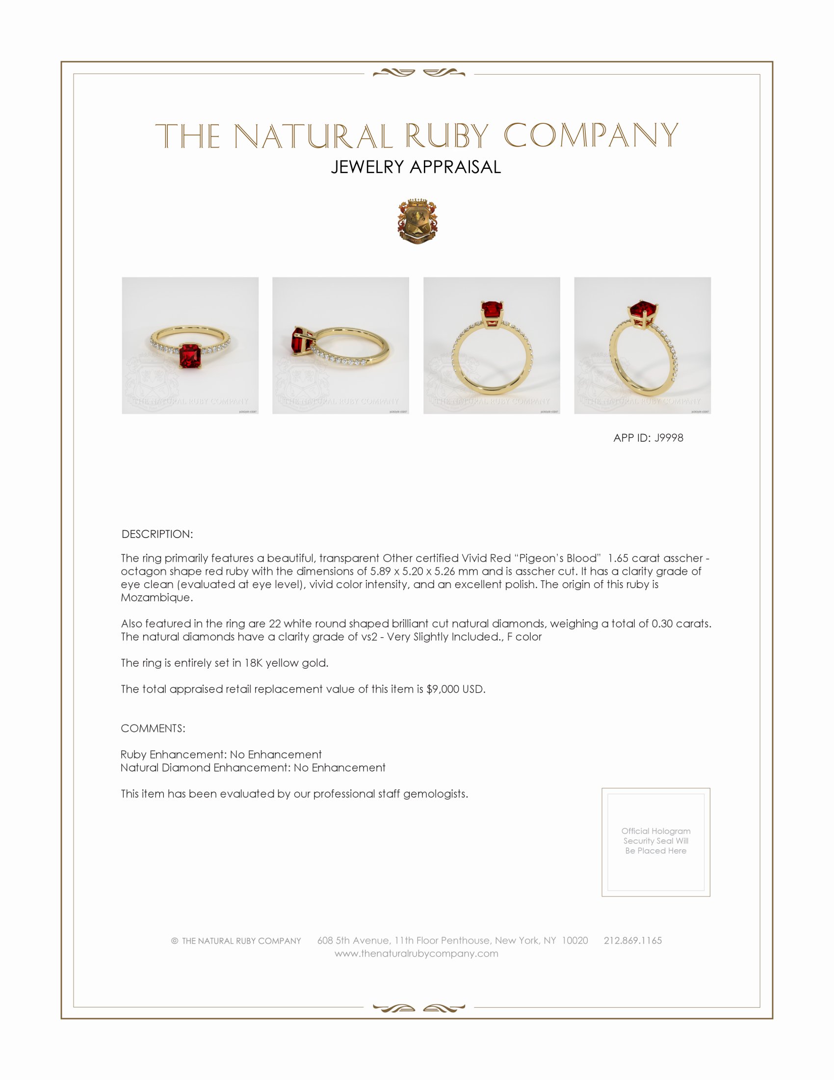1.65 Ct. Ruby and Natural Diamond Pave Ring, 18K Yellow Gold
