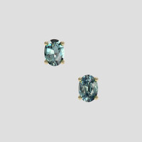 <span>1.14</span> <span class="tooltip-light">Ct.Tw.<span class="tooltiptext">Total Carat Weight</span></span> Greenish Blue Sapphire Earrings, 18K Yellow Gold 1