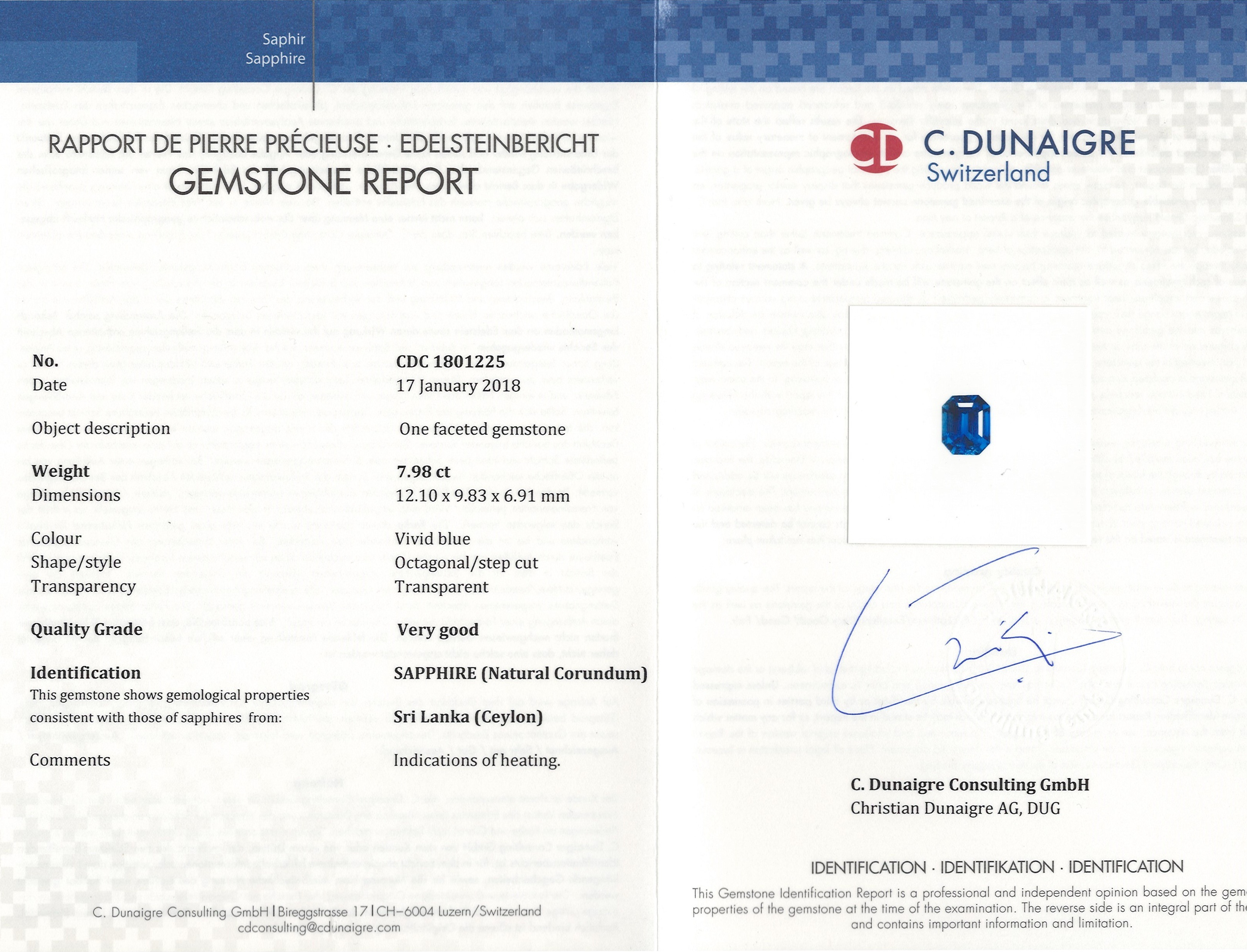 7.98 Ct. Blue Sapphire from Ceylon (Sri Lanka)