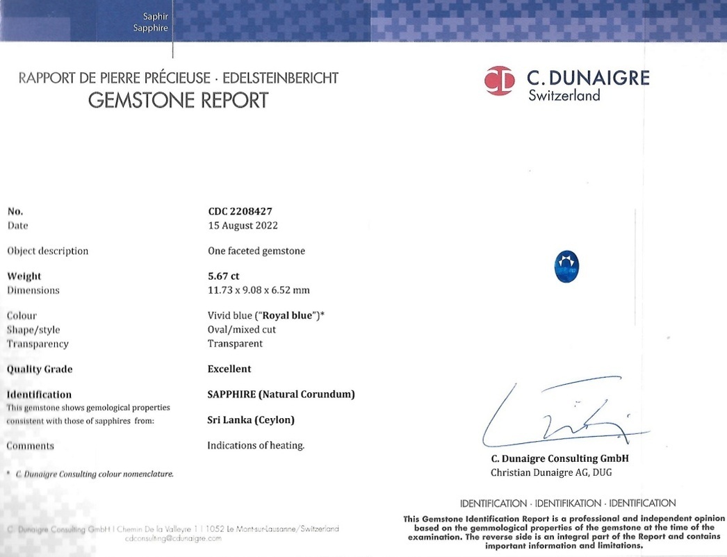 5.67 Ct. Blue Sapphire from Ceylon (Sri Lanka)
