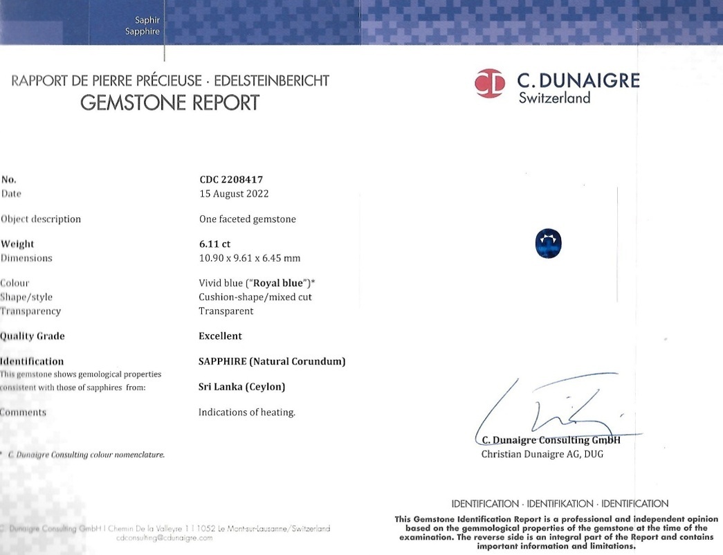 6.11 Ct. Blue Sapphire from Ceylon (Sri Lanka)
