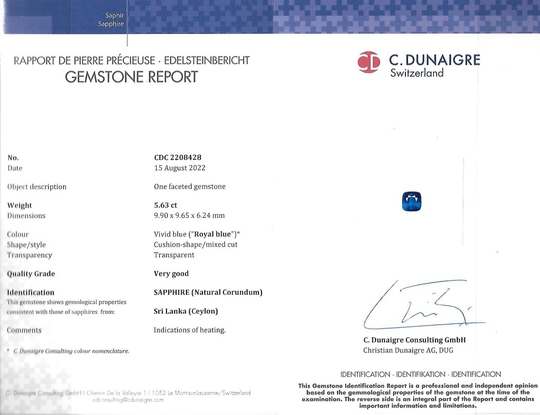 5.63 Ct. Blue Sapphire from Ceylon (Sri Lanka)