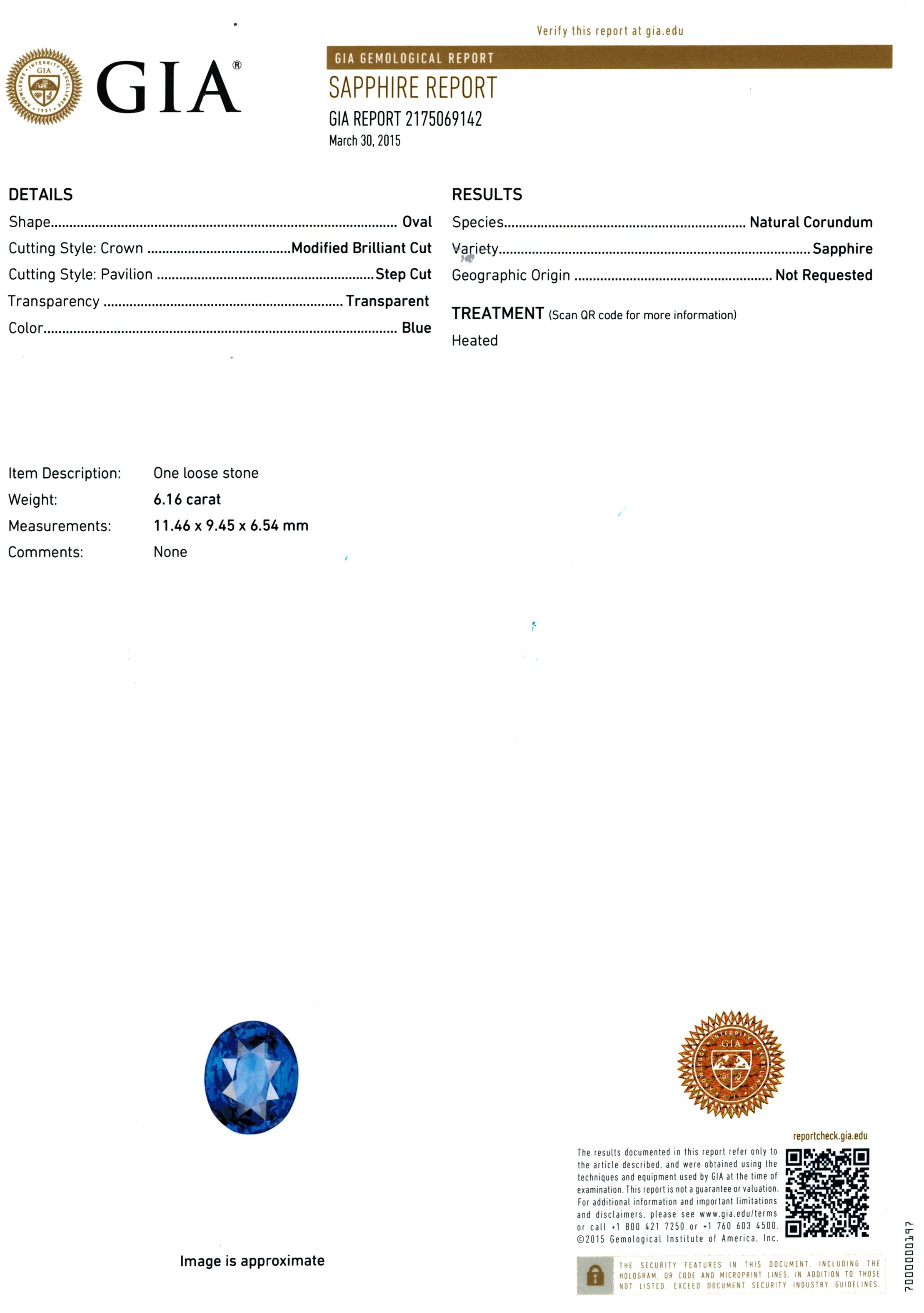 6.16 Ct. Blue Sapphire from Ceylon (Sri Lanka)