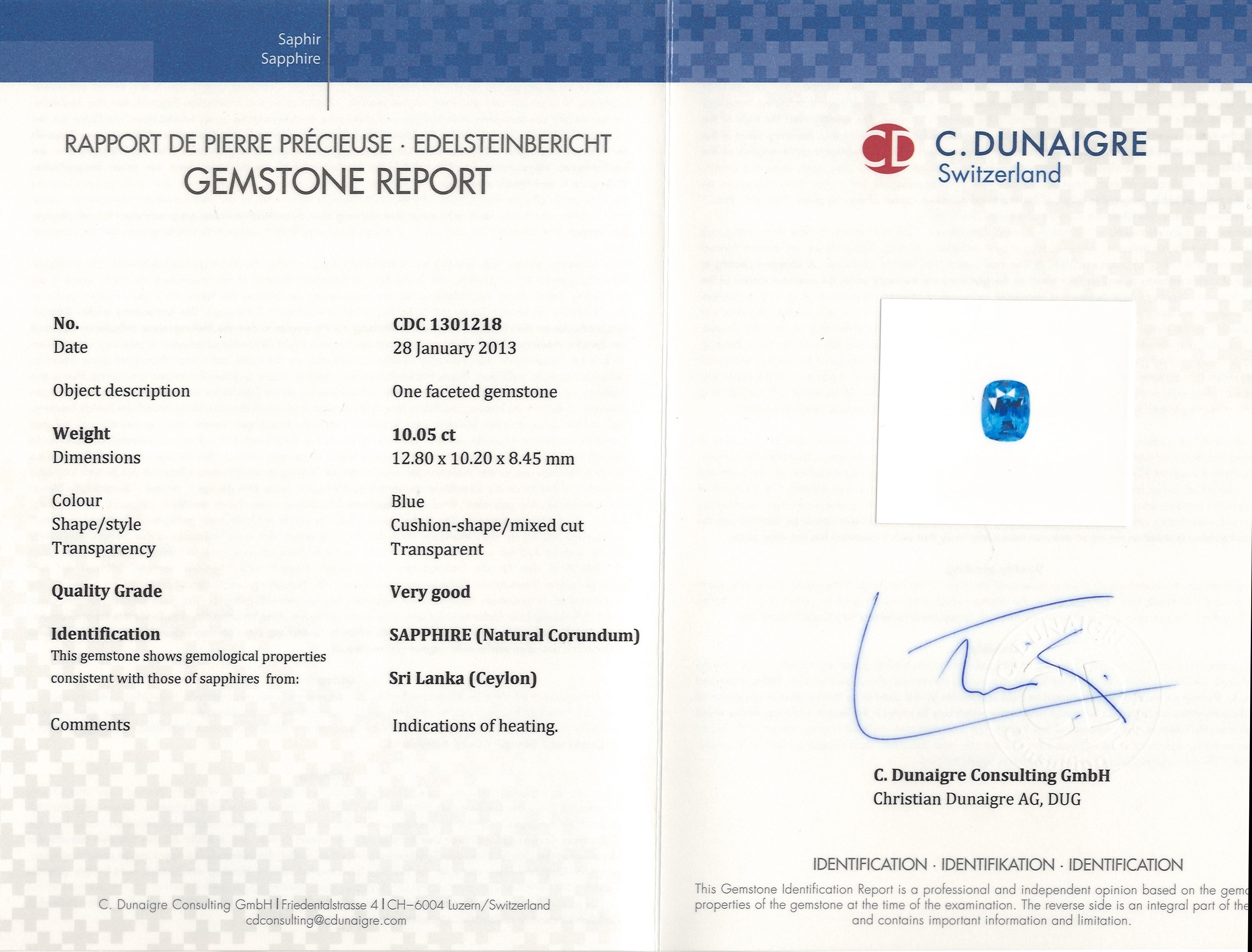 10.05 Ct. Blue Sapphire from Ceylon (Sri Lanka)