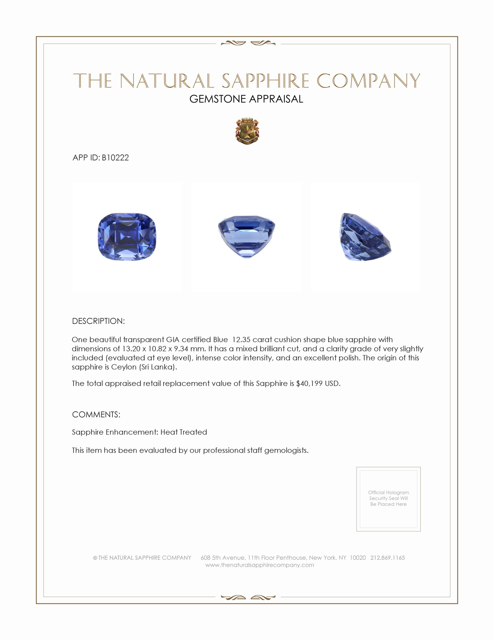 12.35 Ct. Blue Sapphire from Ceylon (Sri Lanka)