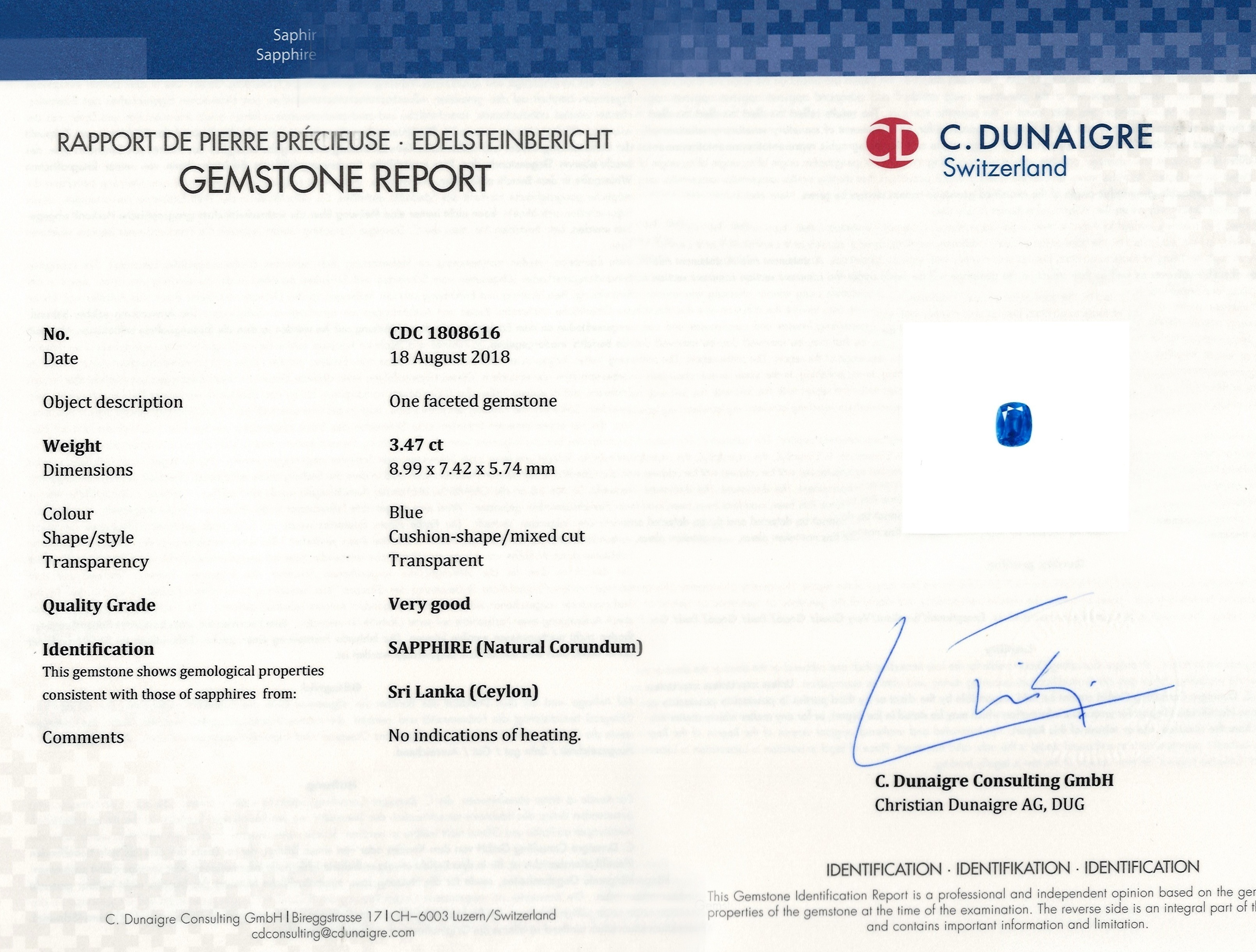 3.47 Ct. Blue Sapphire from Ceylon (Sri Lanka)