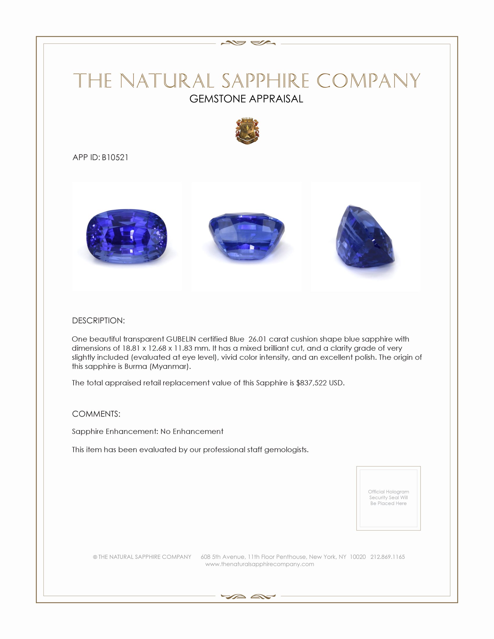 26.01 Ct. Blue Sapphire from Burma (Myanmar)