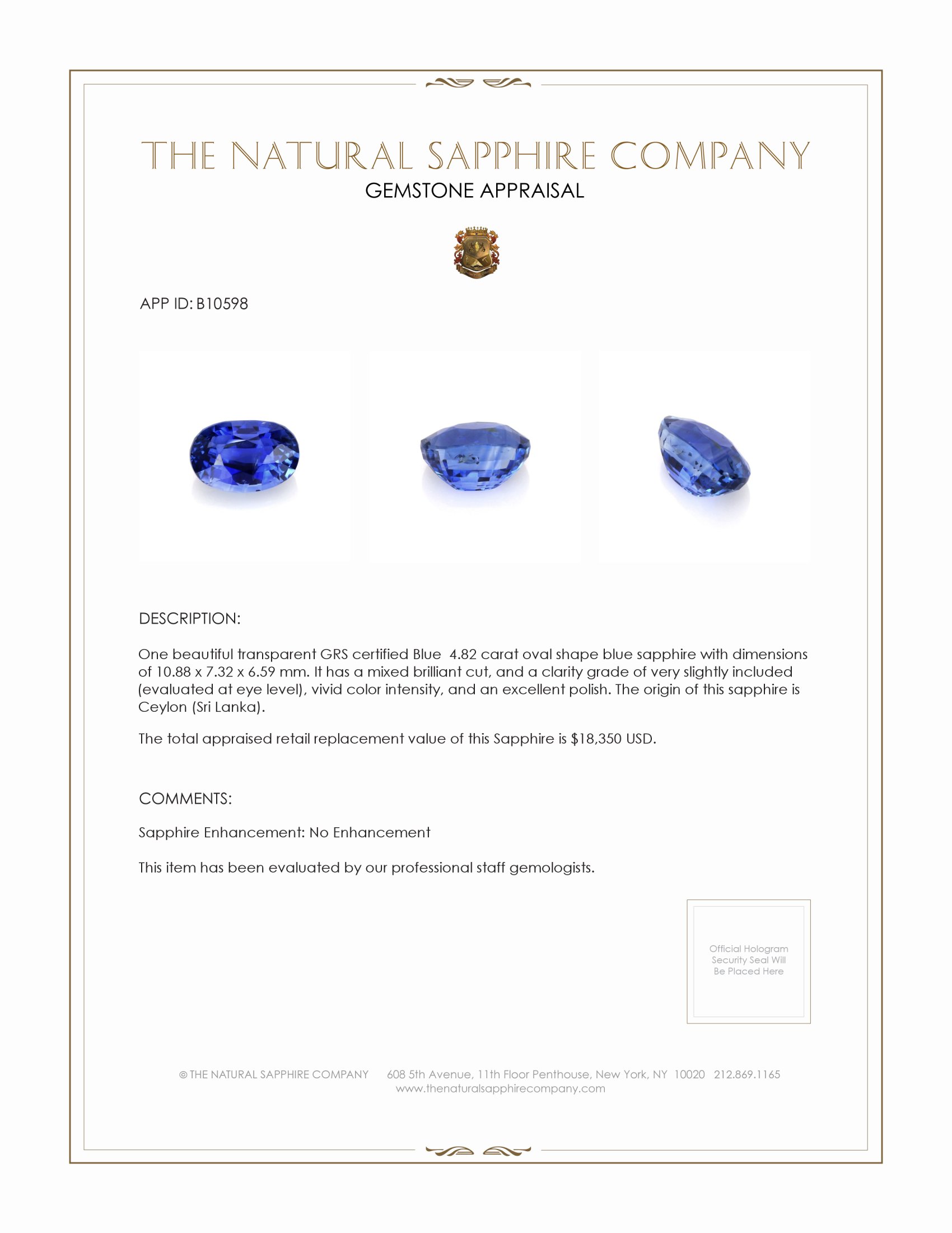 4.82 Ct. Blue Sapphire from Ceylon (Sri Lanka)