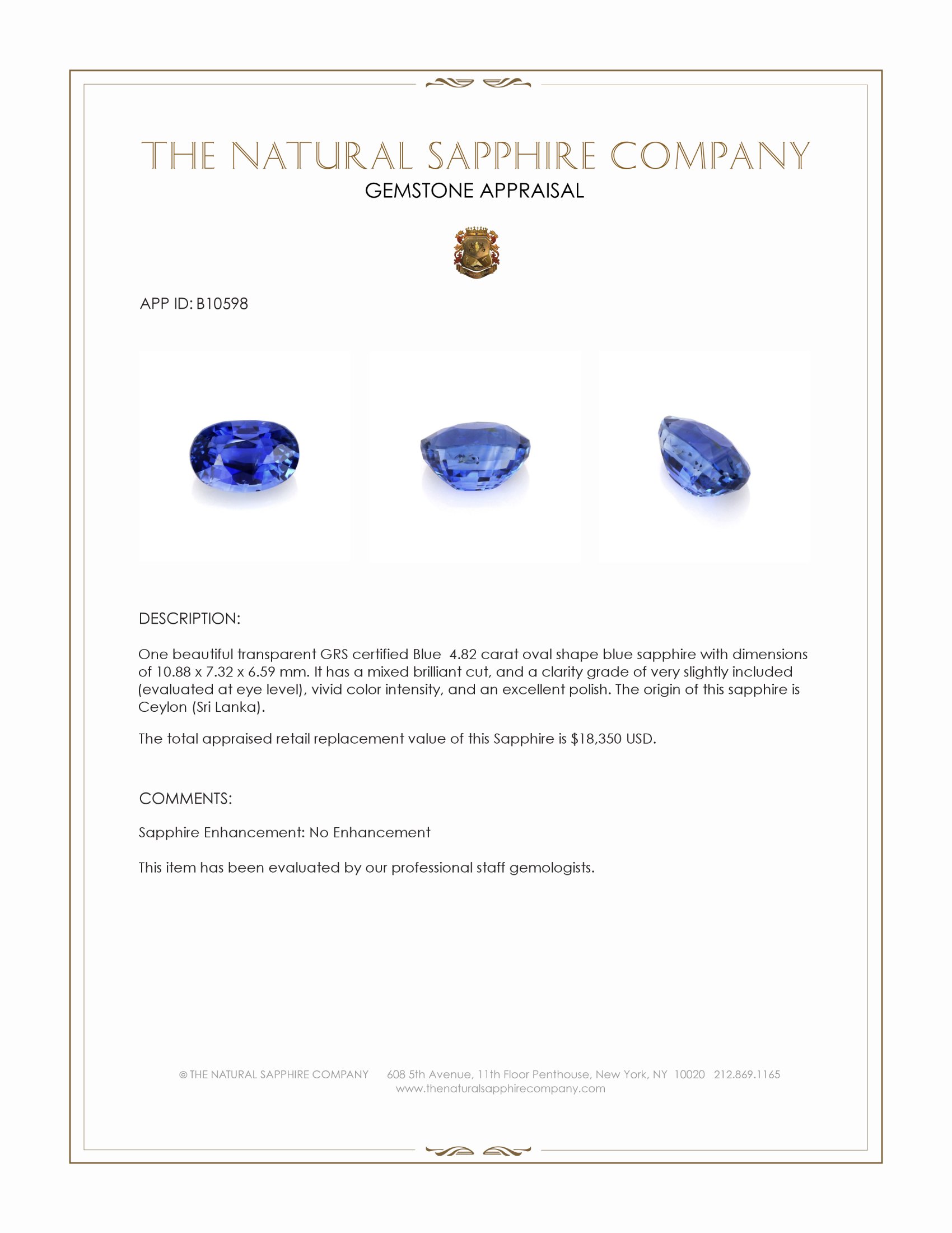 4.82 Ct. Blue Sapphire from Ceylon (Sri Lanka)