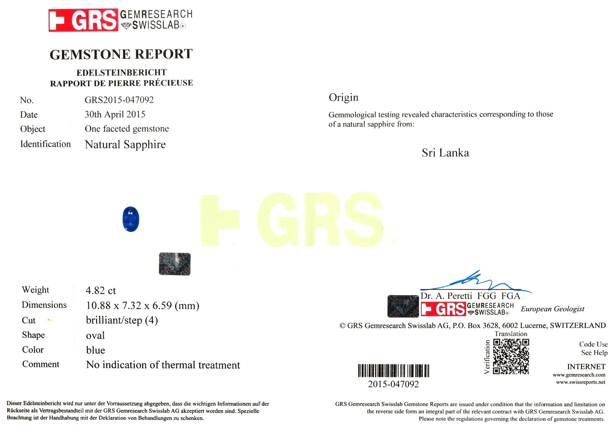 4.82 Ct. Blue Sapphire from Ceylon (Sri Lanka)