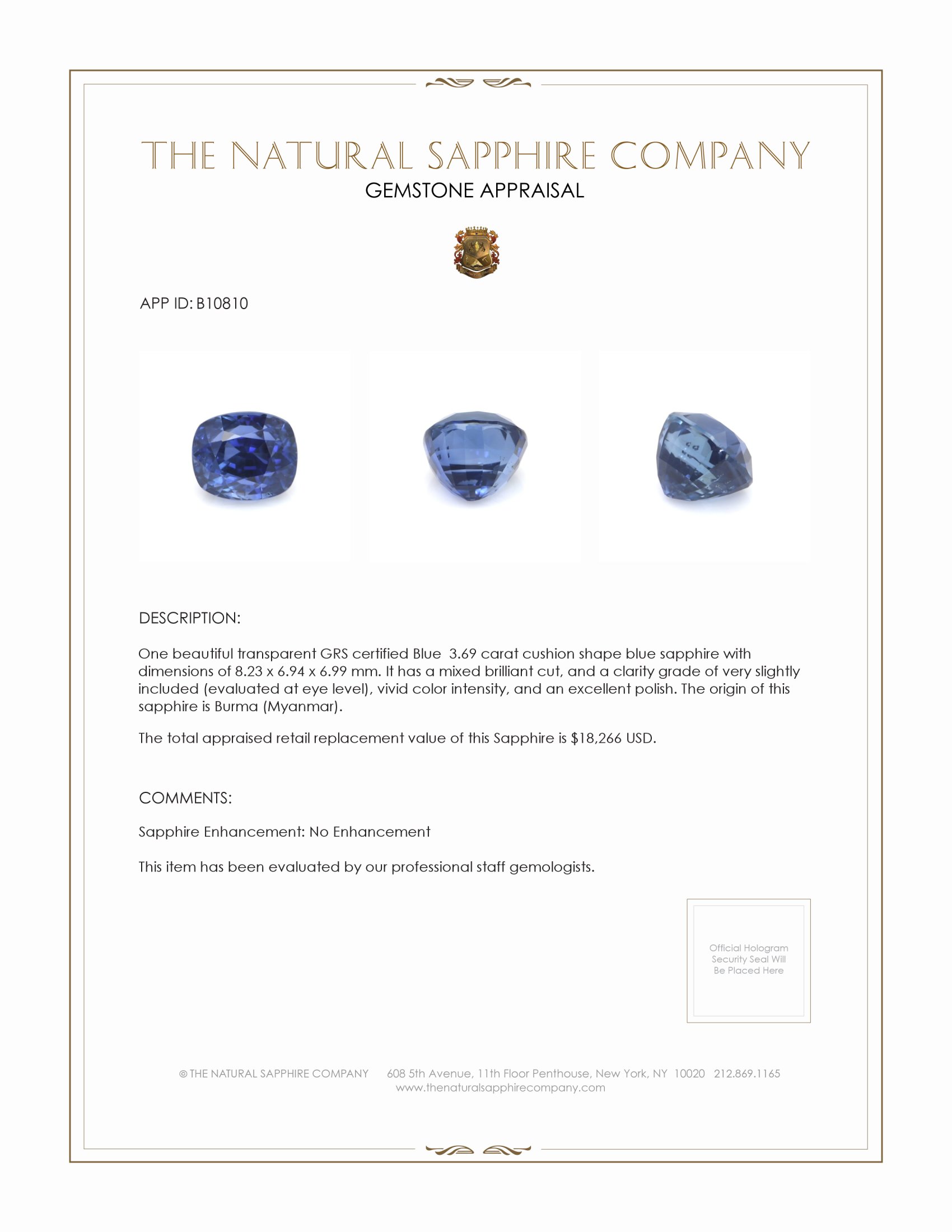 3.69 Ct. Blue Sapphire from Burma (Myanmar)