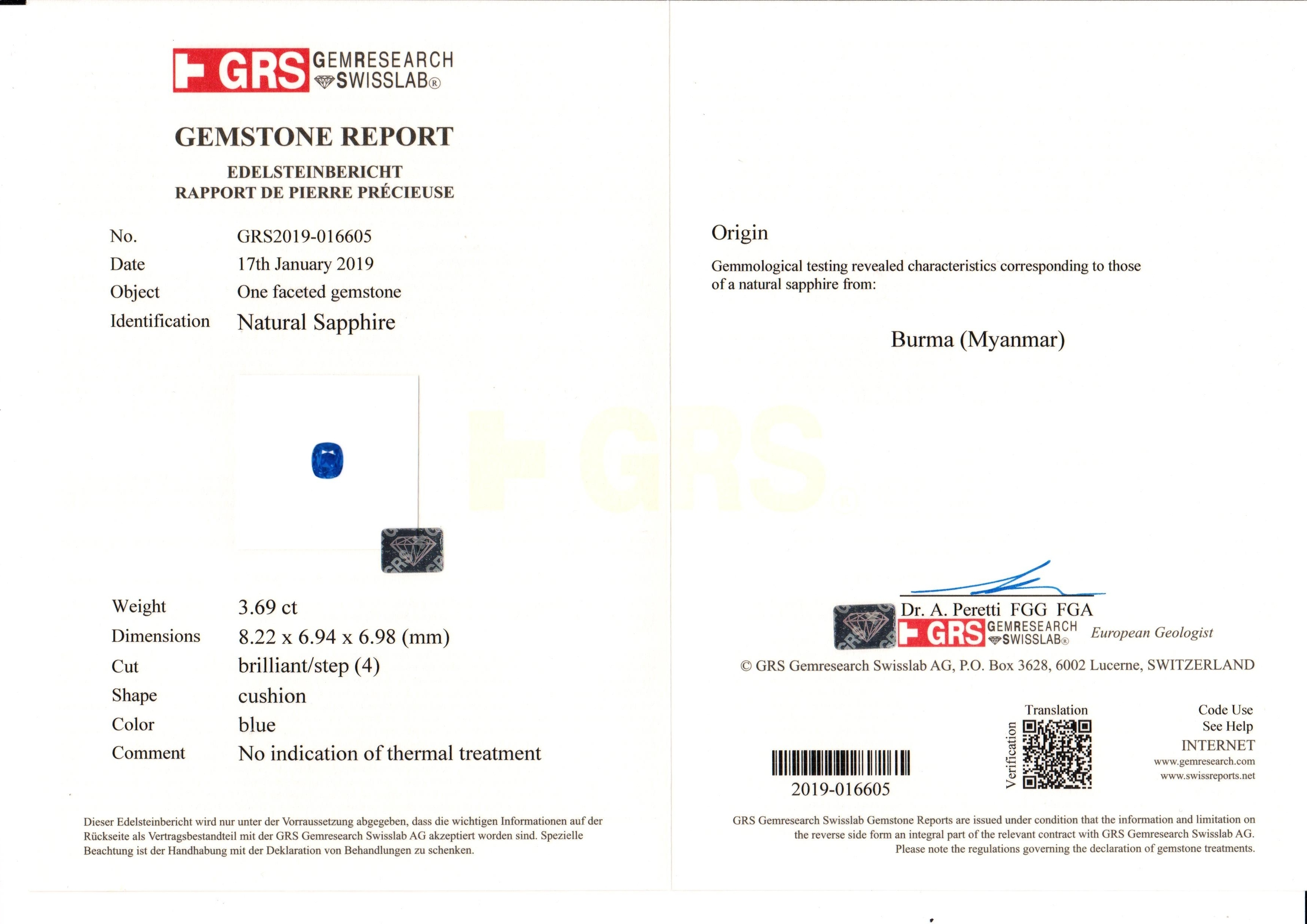 3.69 Ct. Blue Sapphire from Burma (Myanmar)