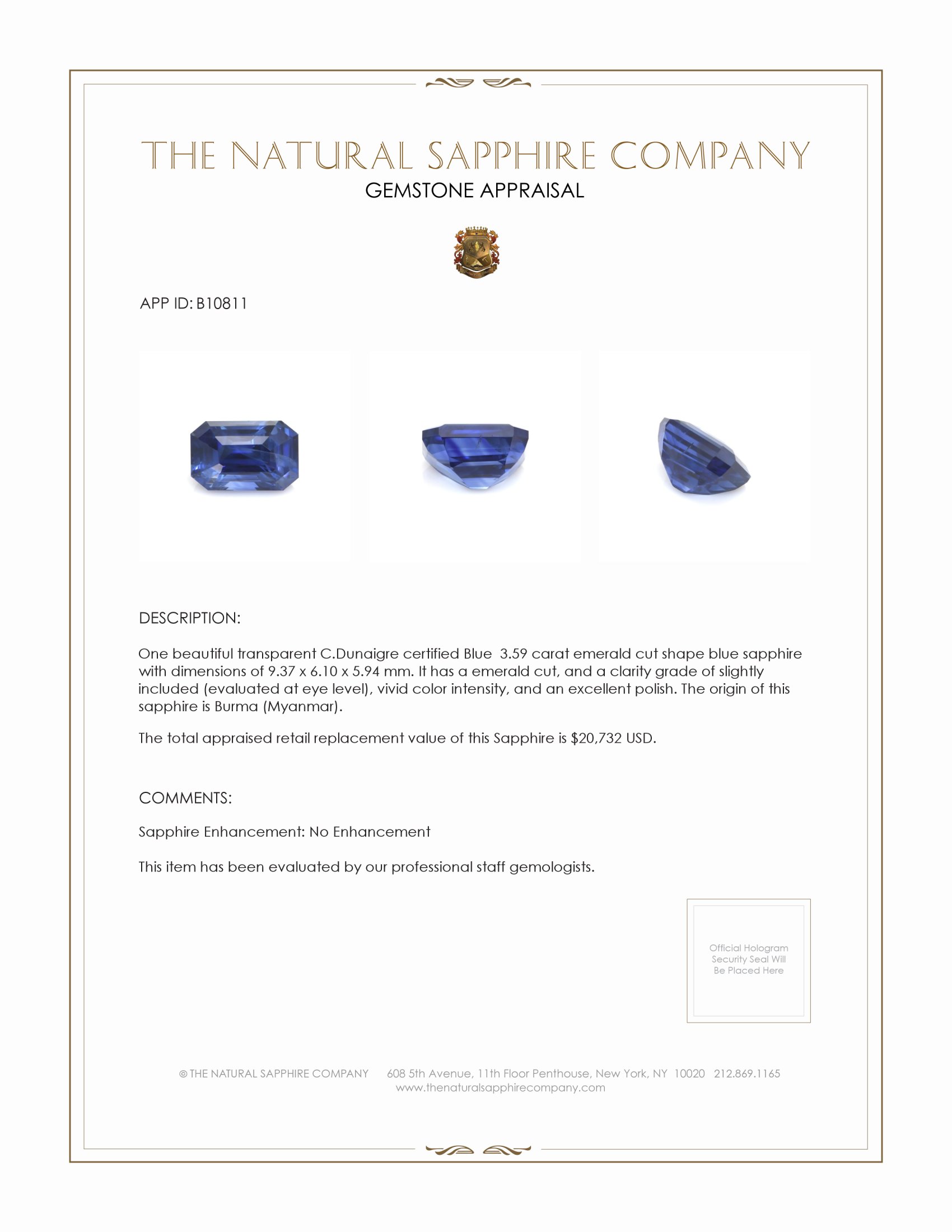 3.59 Ct. Blue Sapphire from Burma (Myanmar)